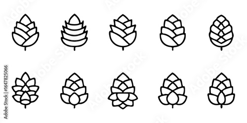 Collection of handdrawn hop cones isolated on white background for beer brewing and craft beverage design, ideal for brewery logos, packaging, and agricultural themes with natural style