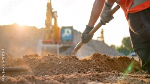 Construction worker using shovel digging dirt on construction site at sunset light