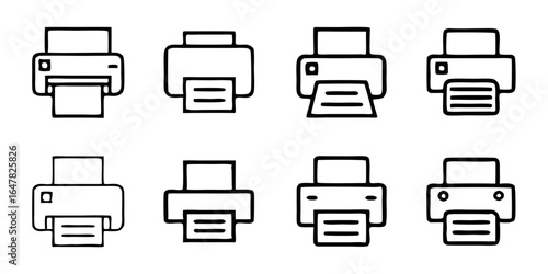 Set of eight printer icons isolated on white background presenting various designs, perfect for representing printing services, office equipment, or document management systems in a minimalist style