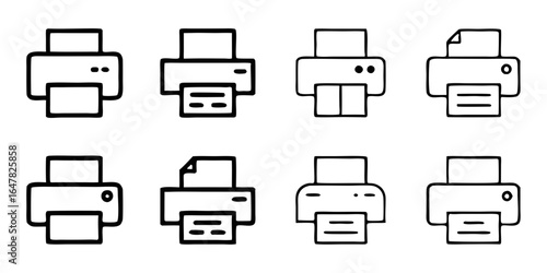 Collection of eight printer icons isolated on white background, each with a unique design, suitable for illustrating printing processes, office automation, or document creation in a modern style