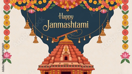 Joyful Janmashtami celebration with traditional temple and festive decor