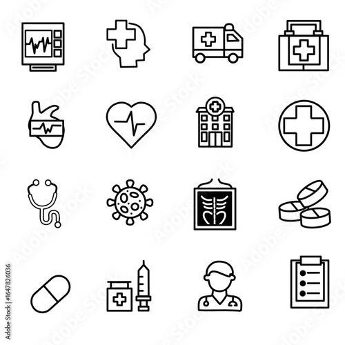 Minimalist Line Art Vector Set of Health and Wellness Icons. Hand Drawn Medical Symbols, Healthcare Tools, and Clean Design Elements for Digital Projects.