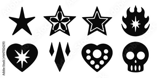 Collection of black silhouette shapes isolated on white background stars, hearts, skulls, and flames for graphic design, tattoo, and hipster elements