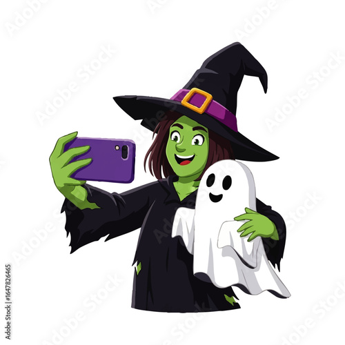 A green-skinned witch in costume takes a selfie with a friendly ghost.