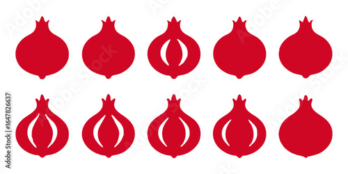 Collection of red pomegranate icons isolated on white background a variety of fruit designs for healthy eating, organic food, and tropical agriculture concepts