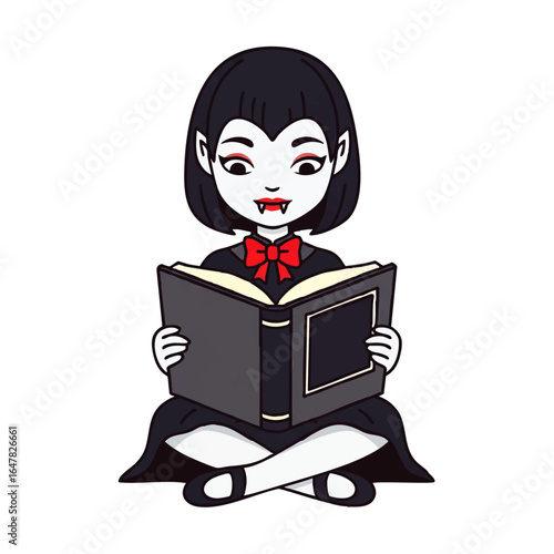 A cartoon vampire girl with dark hair, red bow reading a book.