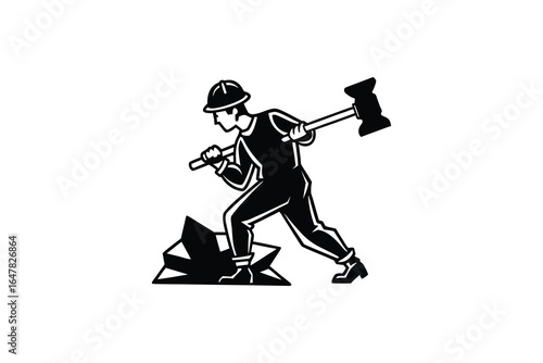 Man in hard hat using sledgehammer to break through large pile of papers silhouette