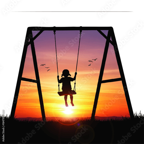 Silhouette of a child swinging at sunset, a peaceful scene of leisure.