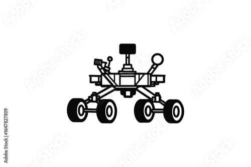 A robotic rover with wheels and scientific instruments on a white background silhouette