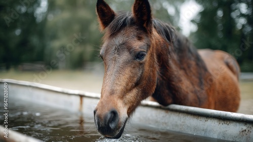 Horse drinking water from a metal trough on a rural farm
