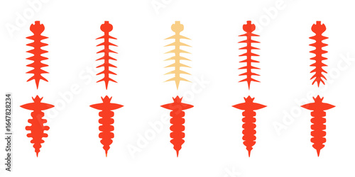 This image shows two rows of screws against a white background. The top row contains four red screws and one beige screw, all with a distinct ribbed texture and pointed ends. The bottom row displays f