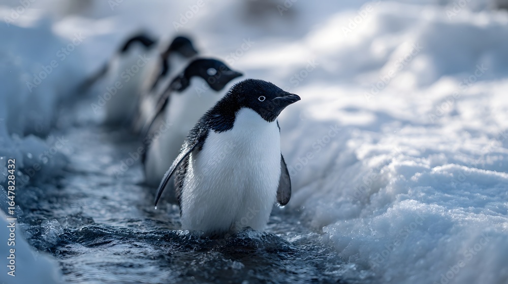 Obraz premium Penguins navigating through the icy polar stream