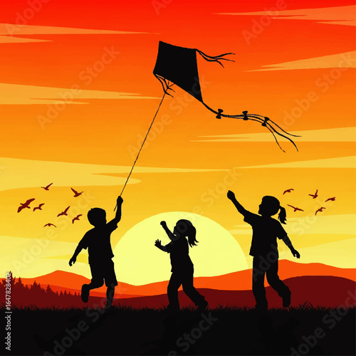 Silhouette of children flying a kite at sunset, enjoying a summer day.
