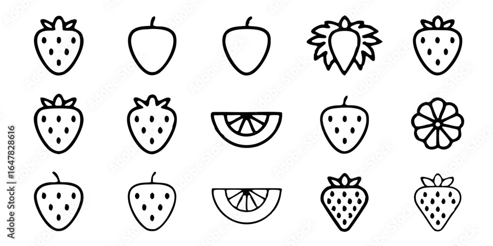 Fototapeta premium Collection of strawberry icons in various styles, isolated on white background, showcasing different shapes and designs, perfect for foodrelated projects and summer themes