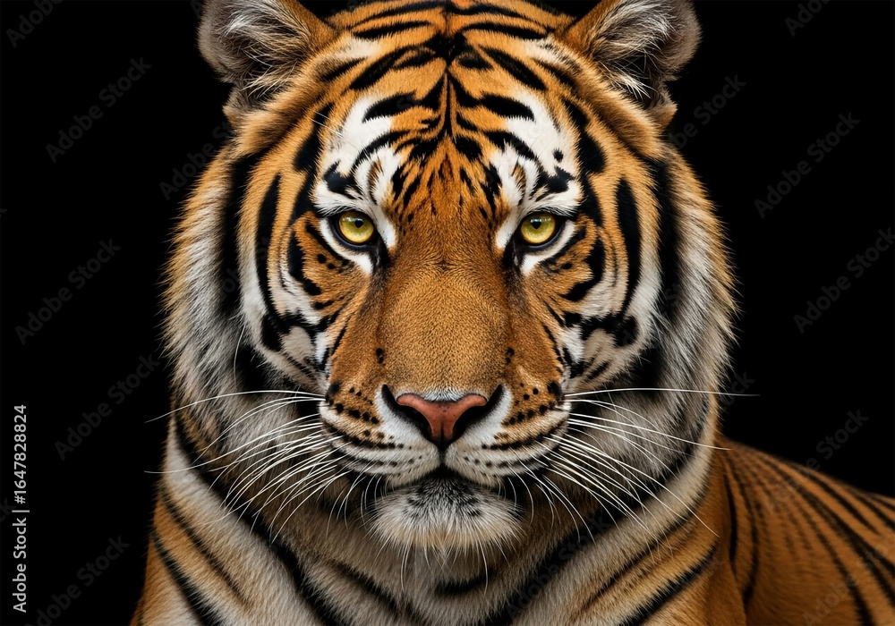 Naklejka premium A close-up portrait of a tiger. The tiger is centered in the image, facing directly forward and looking directly at the viewer