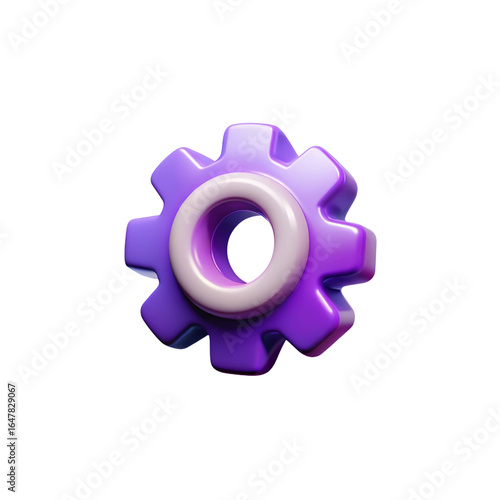 Purple 3d gear icon with a white center on a black background
