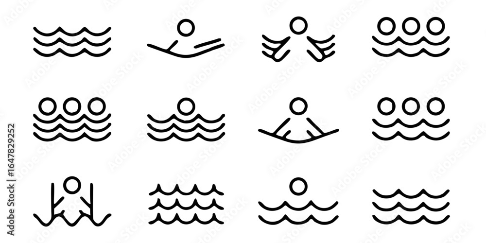 Fototapeta premium Collection of minimalist swimming icons isolated on white background depicting various swimming styles, water movements, and human figures in water, ideal for sports and recreation designs