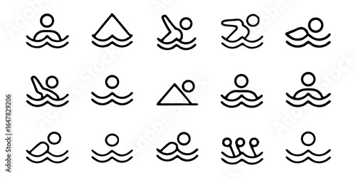 Collection of simple swimming icons isolated on white background a variety of minimalist line drawings depicting swimmers in different poses and styles for water sports