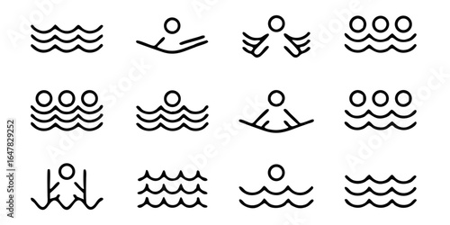 Collection of minimalist swimming icons isolated on white background depicting various swimming styles, water movements, and human figures in water, ideal for sports and recreation designs