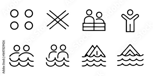 Water safety icons isolated on white background a collection of minimalist line drawings depicting various waterrelated scenarios and safety measures, ideal for educational materials