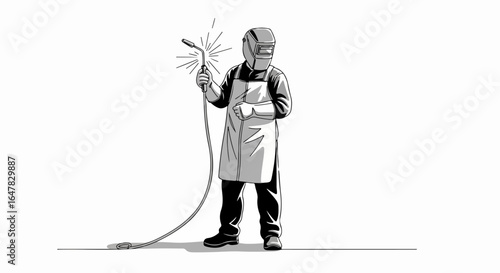 Welder in Protective Gear Operating Welding Torch