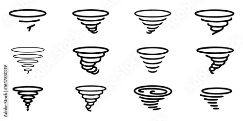 Collection of handdrawn tornado illustrations isolated on white background, showcasing various styles and shapes of twisters for weatherrelated designs and creative projects