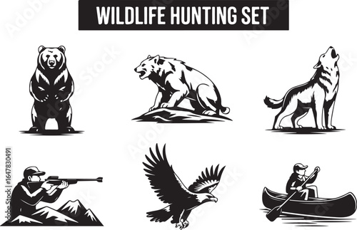 Dynamic wildlife hunting icons capture adventure and sport