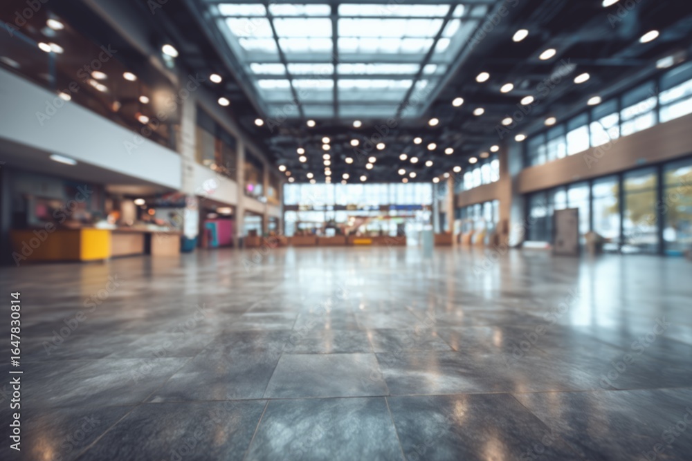 Obraz premium Blurred modern spacious lobby interior background witha calm, serene feeling. An empty hall in a large building with bright light, shiny floor reflection, and blur effect