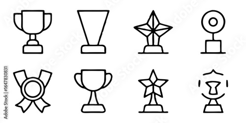 Collection of outline icons representing awards, trophies, and medals isolated on white background ideal for designing websites, apps, and presentations related to achievements