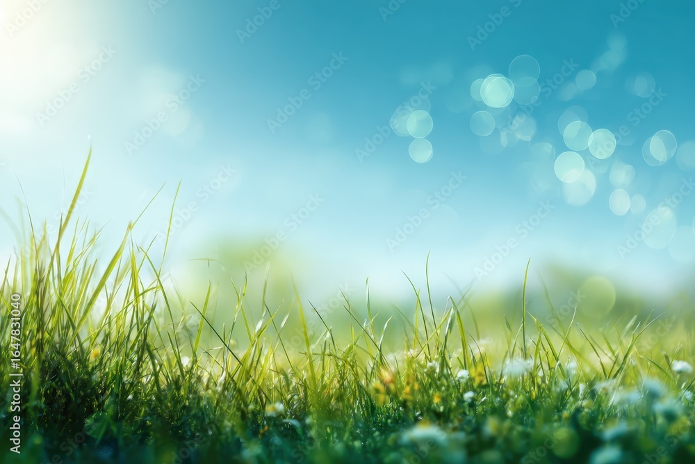 Fototapeta premium Sunny spring meadow filled with green grass, delicate flowers, and bright blue sky enhancing the beauty of nature in a peaceful outdoor setting