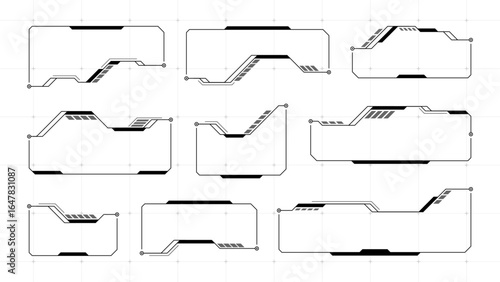 Hud vector frames and screen graphic elements for data interface. Technology display panel or sci fi concept illustration.