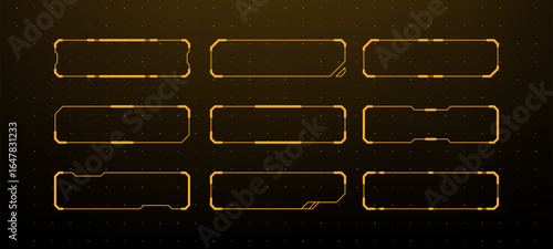 Orange digital frames set on dark background. Futuristic hud gui elements. Sci-fi screen interface for data visualization.