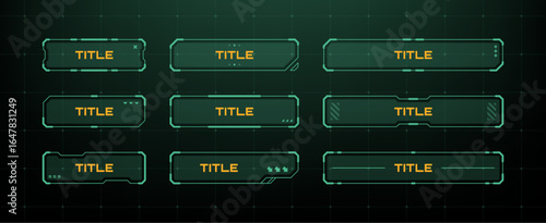 Hud vector graphics set for futuristic display interface. Green digital user elements with button title layout. Gaming and sci fi design.
