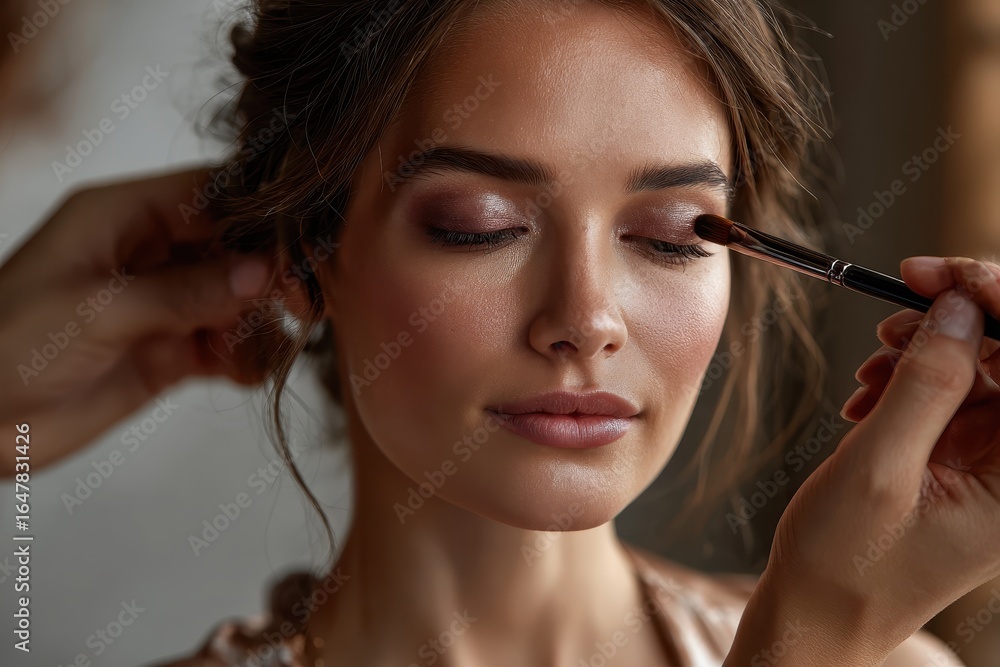Obraz premium Expert makeup artist enhances a woman's beauty with precision application in a serene studio setting during afternoon hours