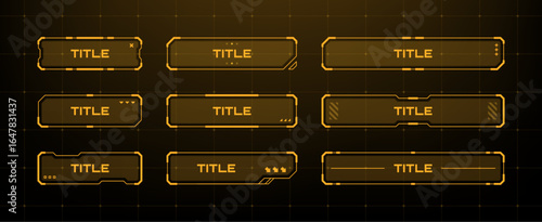 Set of orange hud title frames. Gaming user interface elements for futuristic game display. Technology vector illustration for ui design concept.