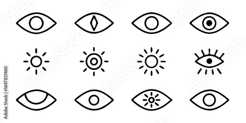 Collection of eye icons isolated on white background a set of handdrawn symbols representing vision, sight, and perception in various styles and designs