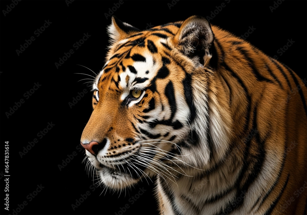 Fototapeta premium A tiger, in profile view, is positioned in the center of the image. The tiger is looking slightly to its left, displaying a serious expression