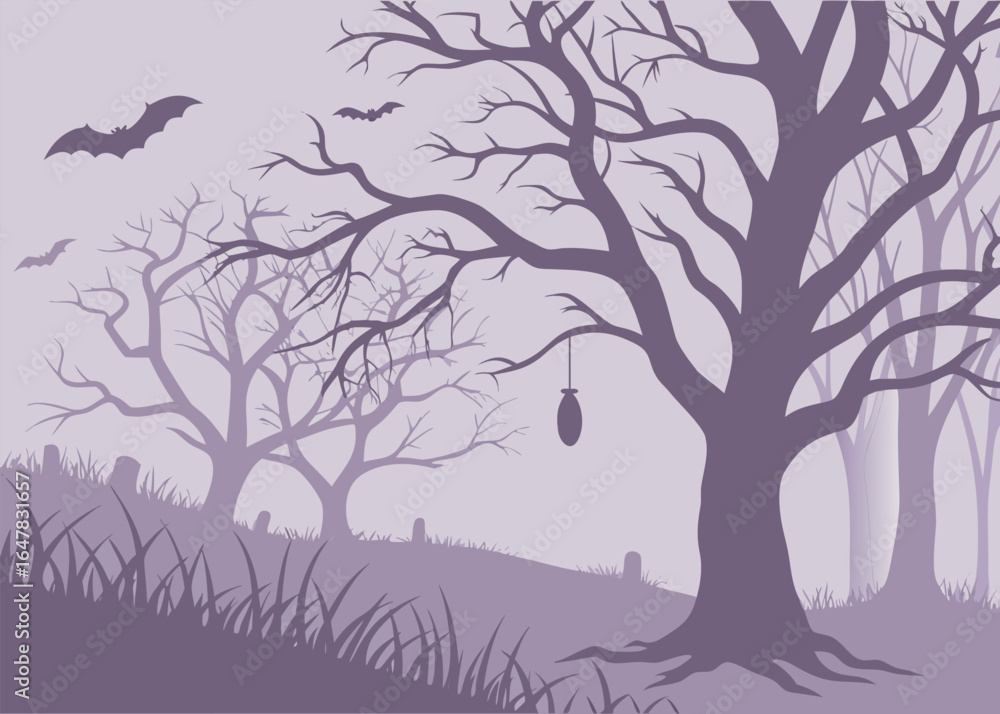 Fototapeta premium Halloween night illustration with dark castle cemetery crosses, dead trees a