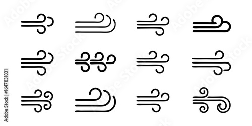 Wind icon set isolated on white background a collection of simple line art designs representing air flow, breeze, and weather elements, perfect for graphics and illustrations