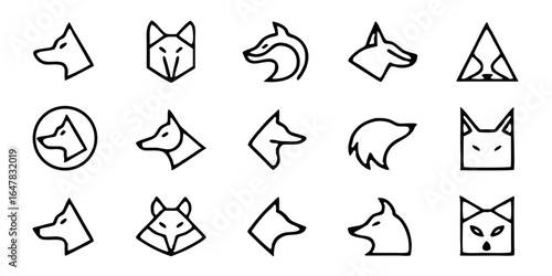 Diverse fox head icon set isolated on white background a collection of geometric and minimalist designs for animal logos, representing wildlife, nature, and modern art