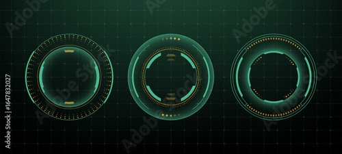 Set of three glowing hud vector graphics, round digital elements with circles and dots for sci-fi interface or futuristic design