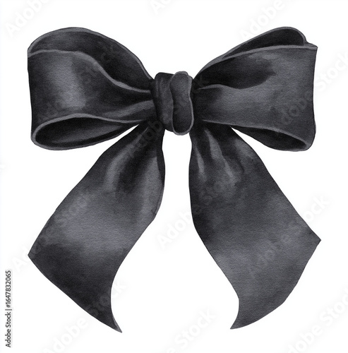 A watercolor illustration of a single black bow on a white background