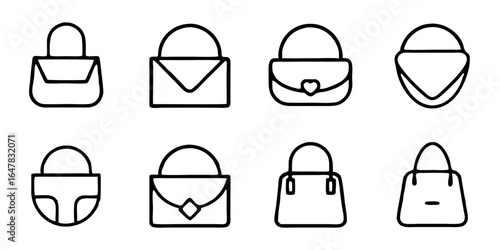 Set of minimalist handbag icons isolated on white background a collection of simple and elegant designs for fashion accessories, perfect for adding a touch of style to any project