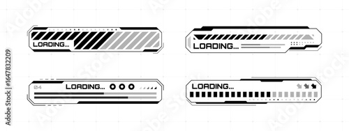 Head up display loading bars set. Futuristic vector loading indicator designs for gui, software, and applications.