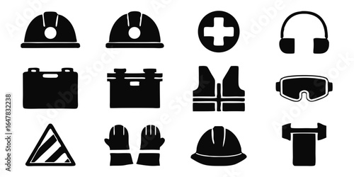 Safety equipment icons isolated on white background featuring hard hat, safety vest, earmuffs, goggles, battery, and more, perfect for construction, industrial, and workplace safety designs