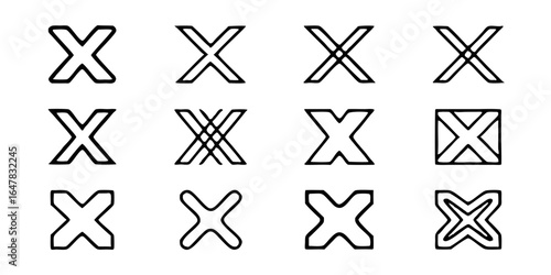 Collection of various x letter shapes isolated on white background, showcasing different styles and designs for logos, symbols, and graphic elements with abstract and artistic touch
