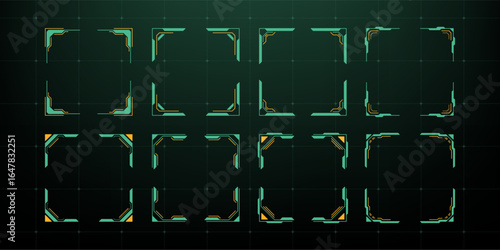 A set of hud vector graphics frames. Futuristic screen elements and interfaces. Digital technology and data concept for UI design.