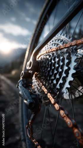 Close-up view of bicycle gears and chain gleaming in the sunlight during a ride on a rugged trail