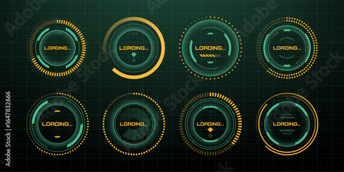 Set of eight futuristic green and yellow hud loading indicators on a dark background. Progress bar with digital interface.