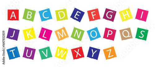 Colorful alphabet letters on paper notes with paperclips